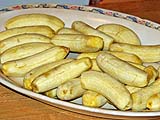 Just ripe (tinged with green) egg bananas